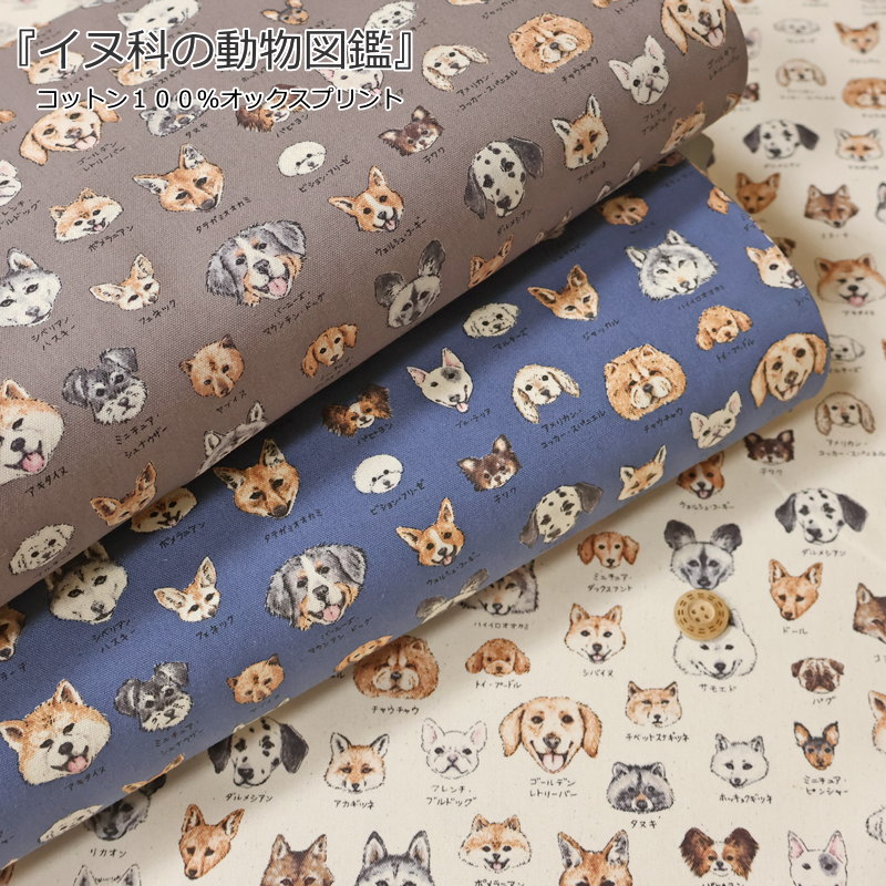 Rakuten - 『イヌ科の動物図鑑』コットン100％オックスプリント素材：コットン100％　生地幅：約110cm犬/いぬ科/キツネ/キッズ/綿/生地/入園/入学/小物/ウェアー/インテリア/ハンドメイド/手づくり/