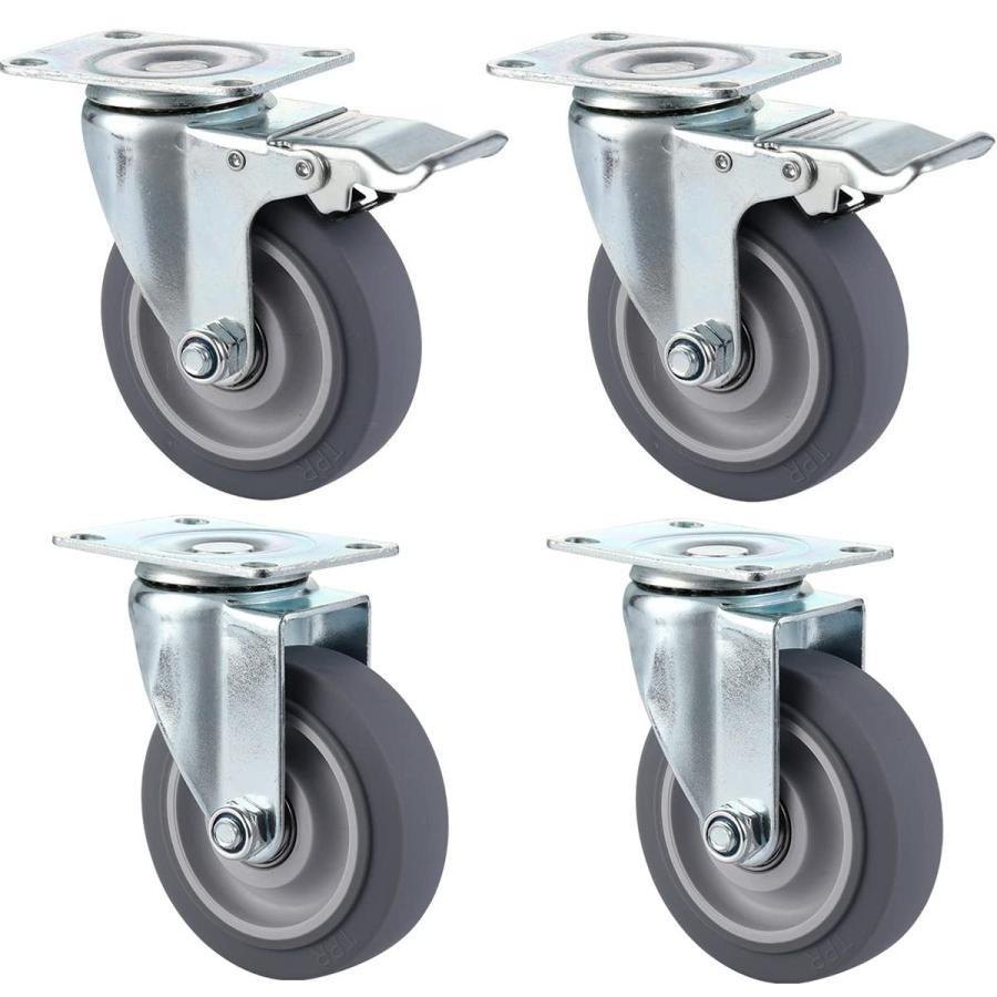 4寸ゴムキャスター 車輪90kg耐荷重 360度回転 ミュートキャスター 輪直径Φ100mm TPRゴム車輪 ブレーキ..