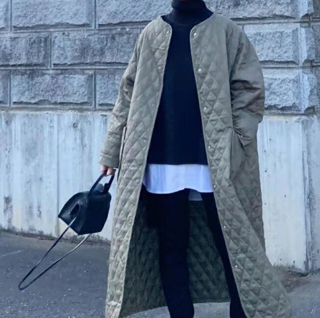 人気 キルティングのマキシ丈コート黒 大きいサイズ もOKなフリーサイズ 中綿あったかコート tbq760