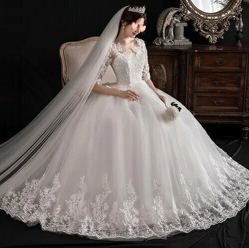 樂天商城 - 主ウエディングドレス 春秋 新作 一字肩 夢幻 修身 中袖 レース花嫁斉地 tbq684