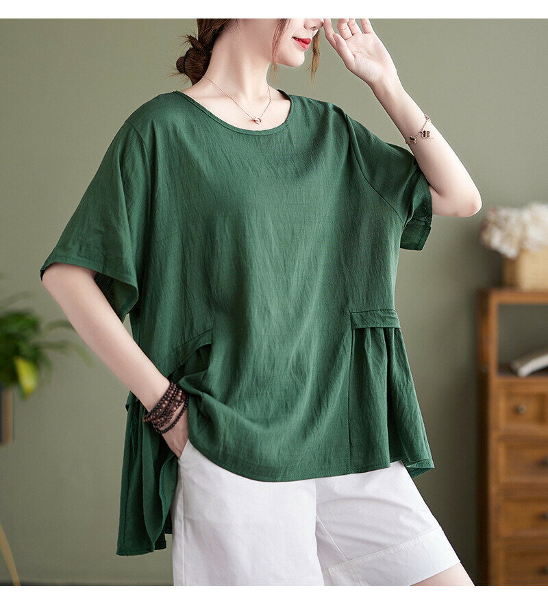 大きいサイズ チュニック レディース 半袖 綿風 ゆったり トップス Aライン シンプル 無地 体型カバー 春夏 30代 40代 50代 涼しい 通気性