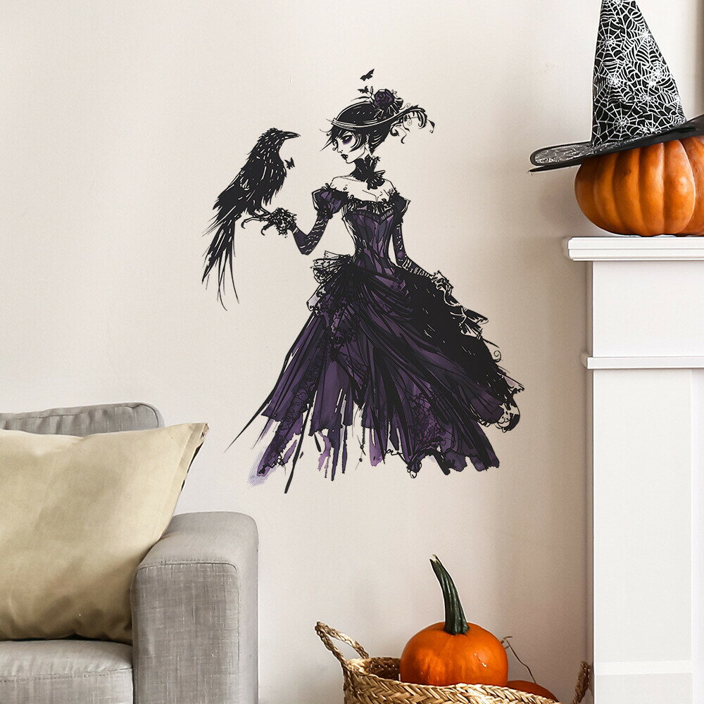 樂天商城 - ハロウィン 壁ステッカー ウォールステッカー ゴシック 魔女 カラス コスプレ 装飾 インテリア シール 剥がせる おしゃれ モノトーン 紫 黒 ホラー 60×45cm PVC素材 部屋飾り 秋 イベント デコレーション