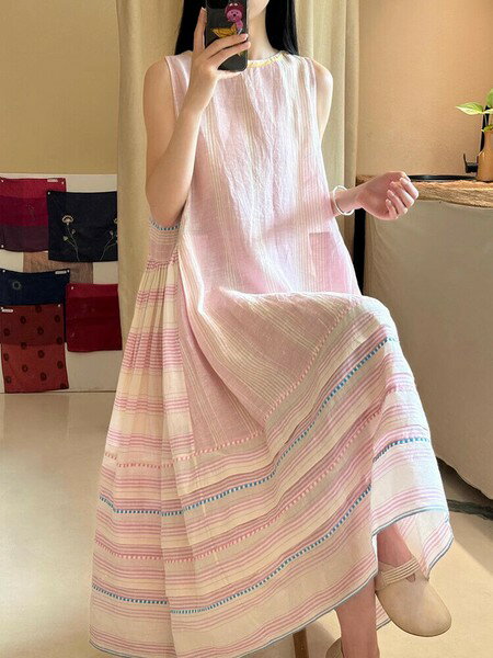 樂天商城 - ワンピース ノースリーブ ゆったり コットンリネン ラウンドネック 快適 レディース