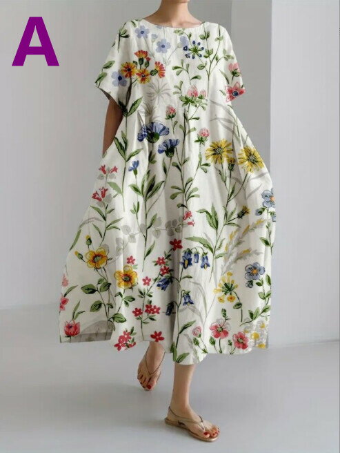 樂天商城 - ワンピース ラウンドネック 花柄 半袖 ゆったり 快適 レディース ファッション