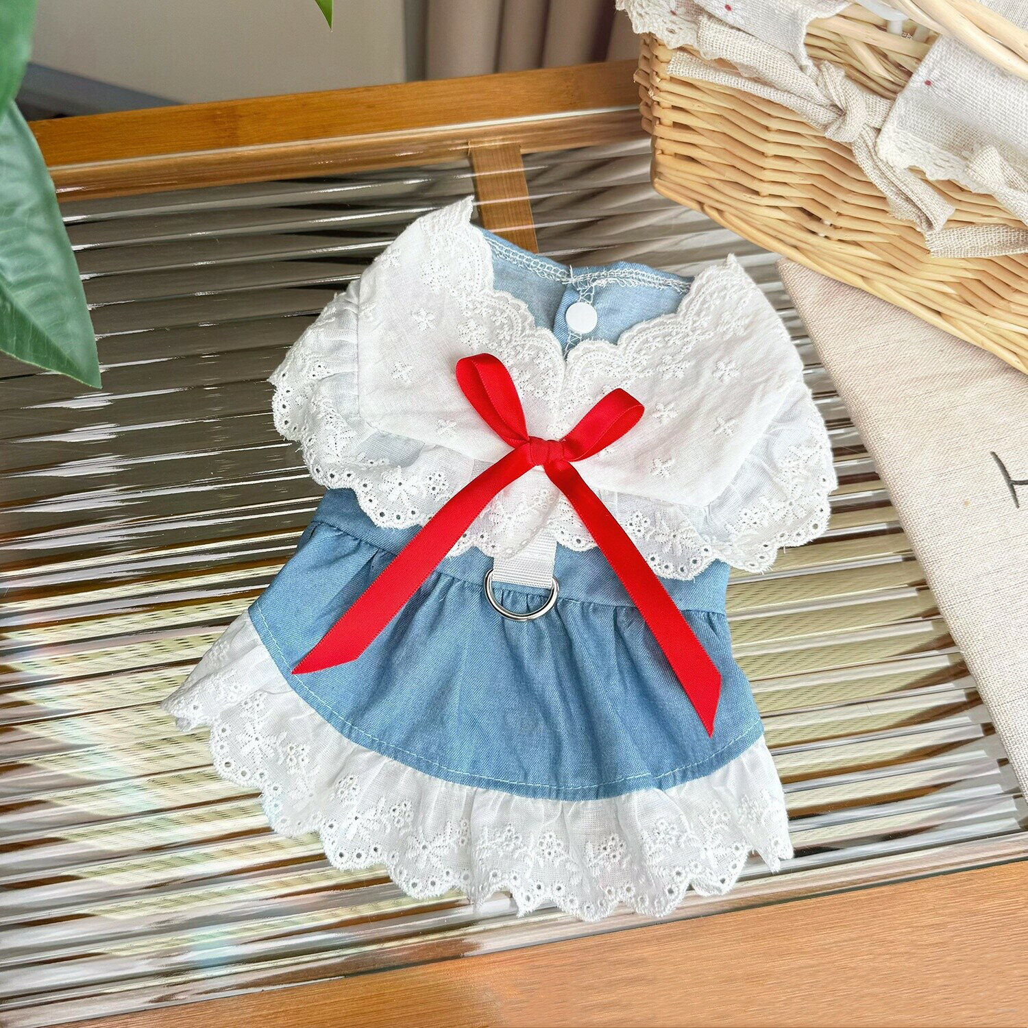 服 犬猫用 デニム ワンピース リボン、可愛い 春夏 ペット用品