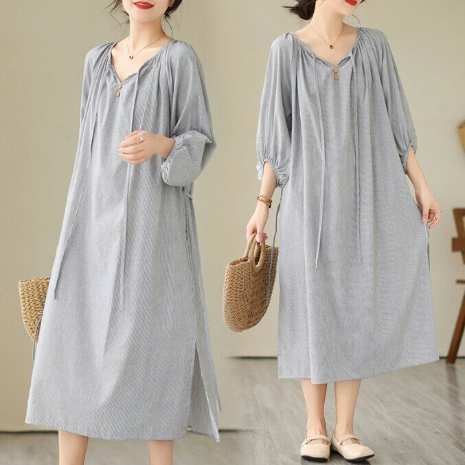 樂天商城 - ワンピース 七分袖 無地 ゆったり 快適 レディース ファッション サイドフォーク