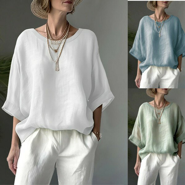 樂天商城 - シャツ コットンリネン ラウンドネック 半袖 無地 ゆったり 快適 レディース ファッション