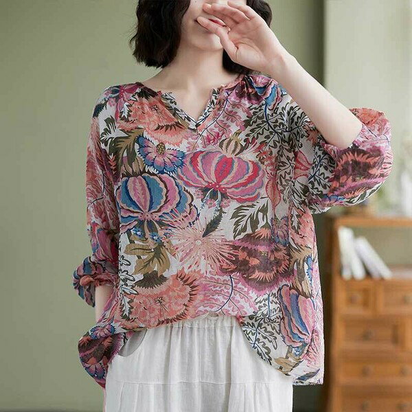 樂天商城 - シャツ Vネック 半端袖 花柄 綿麻 ゆったり 快適 レディース ファッション