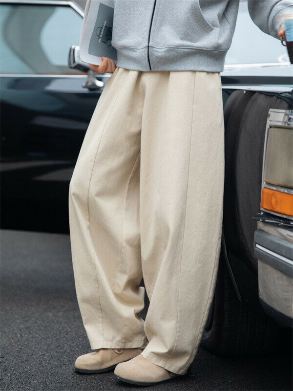 樂天商城 - ワイドパンツ メンズ コットン 100％ ゆったり ルーズパンツ イージーパンツ 無地 ウエストゴム ドローストリング ストリート カジュアル シンプル ベージュ ブラック M L XL 2XL 3XL 春 夏 秋 冬