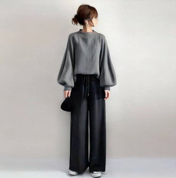 樂天商城 - セットスーツ 2点セット ニット ワイドパンツ 長袖 無地 ゆったり 快適 レディースファッション