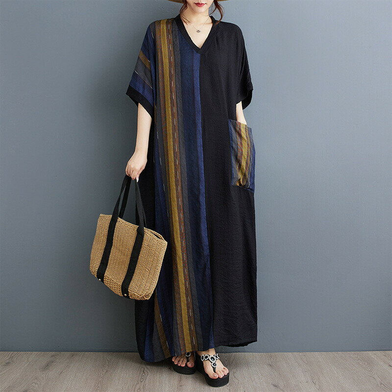 Rakuten - レディース ワンピース ロング マキシ丈 Vネック ゆったり 体型カバー 春夏秋 綿ポリエステル 涼しい ストライプ 切り替え ワイドシルエット ポケット付き 半袖 ナチュラル おしゃれ 上品 旅行 ママファッション 通勤 通学 ルームウェア 部屋着 フリーサイズ