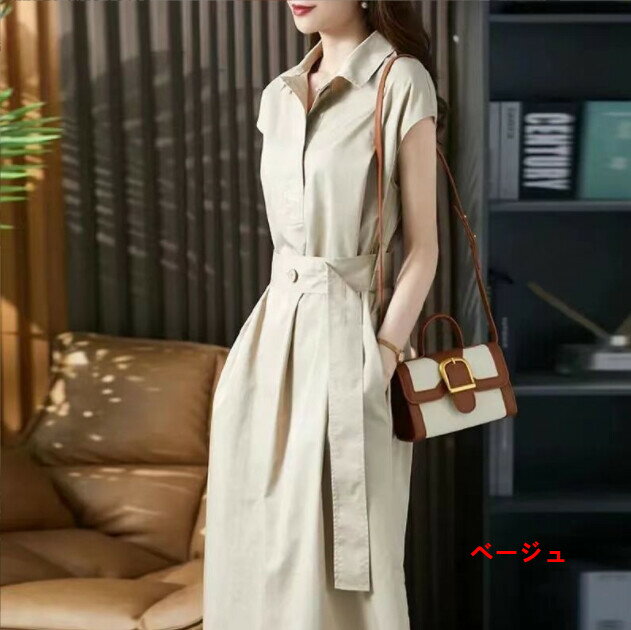 樂天商城 - シャツワンピース レディース 半袖 膝丈 ベルト付き 体型カバー 通勤 夏ワンピ 無地 上品 きれいめ 大きいサイズ M-3XL ベージュ グレー カーキ アーミーグリーン