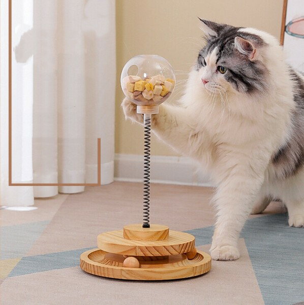 猫用 知育おもちゃ 木製 スプリングボール フードディスペンサー 運動不足解消 ストレス解消 知育トイ おやつ入れ 猫トイ A/B