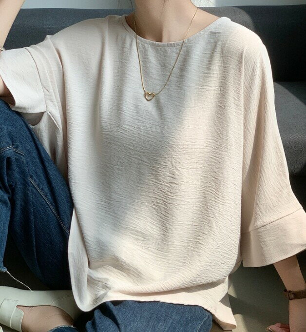 樂天商城 - シャツ ブラウス ラウンドネック 半端袖 無地 ゆったり 快適 レディース ファッション