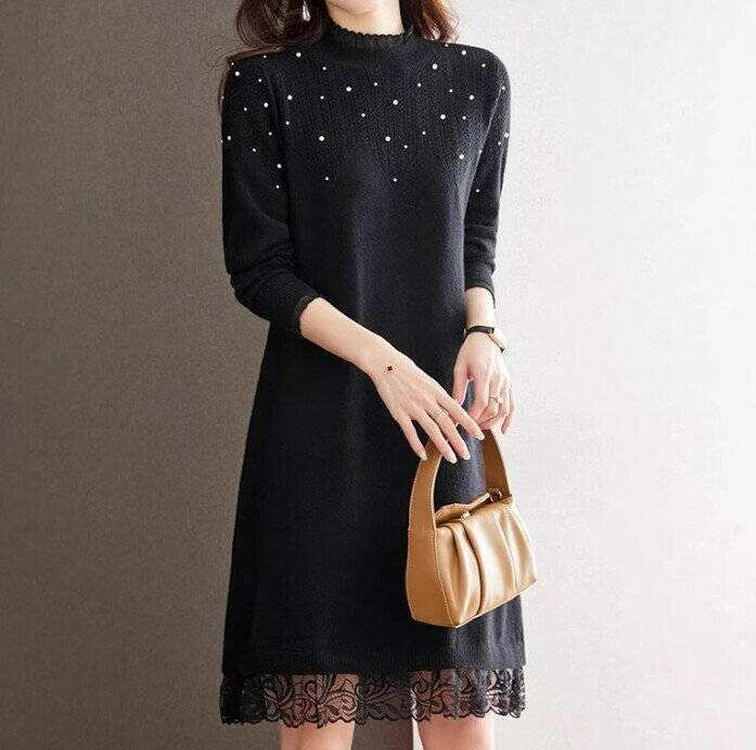 樂天商城 - ワンピース ニット 長袖 レース 無地 快適 レディース ファッション