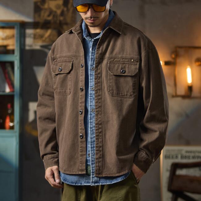 樂天商城 - メンズ シャツジャケット コットン 長袖 無地 M-4XL カジュアル ゆったり 綿100％ 厚手 秋冬 アウター 羽織 シャツ コーヒー グレー ブラック 通勤 通学 アメカジ ワーク風