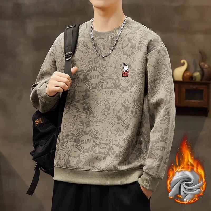 メンズ トレーナー 裏起毛 スウェット 総柄 クルーネック 長袖 あったか ゆったり 大きいサイズ M-4XL 秋冬 防寒 うさぎ ワッペン デザイン カジュアル ストリート 黒 グレー ホワイト おしゃれ トップス メンズファッション