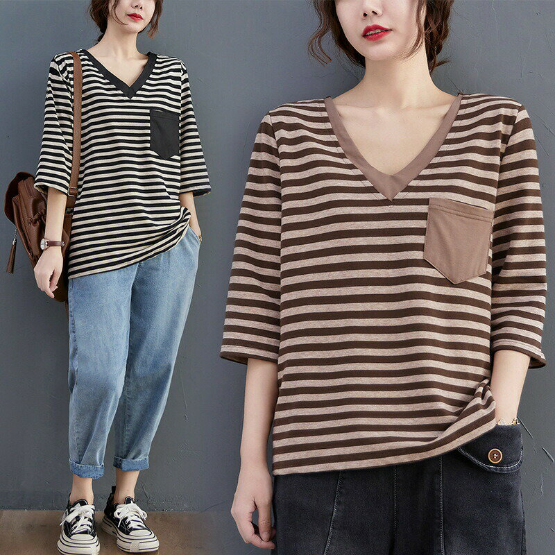 樂天商城 - NEW レディース ゆったり ストライプ Vネック 五分袖 Tシャツ bbq096