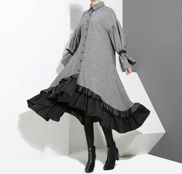 樂天商城 - NEW ワンピース 長袖 ロング フレア ツイード シャツワンピ フィッシュテール ゴシック 秋冬bbq266