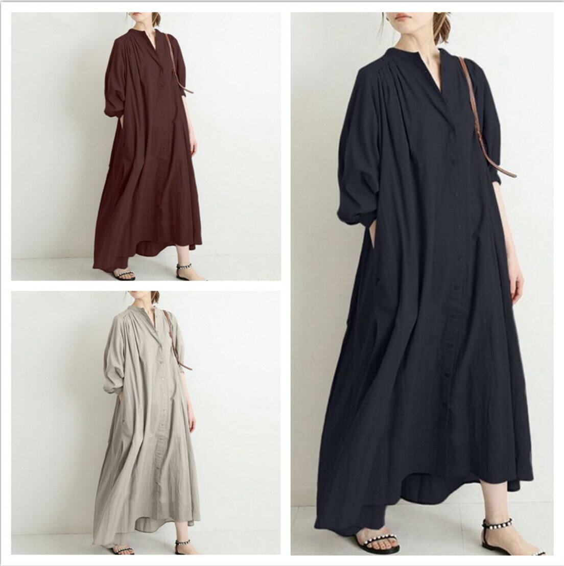 樂天商城 - NEW レディース カジュアル 立襟 ロングワンピース bbq338