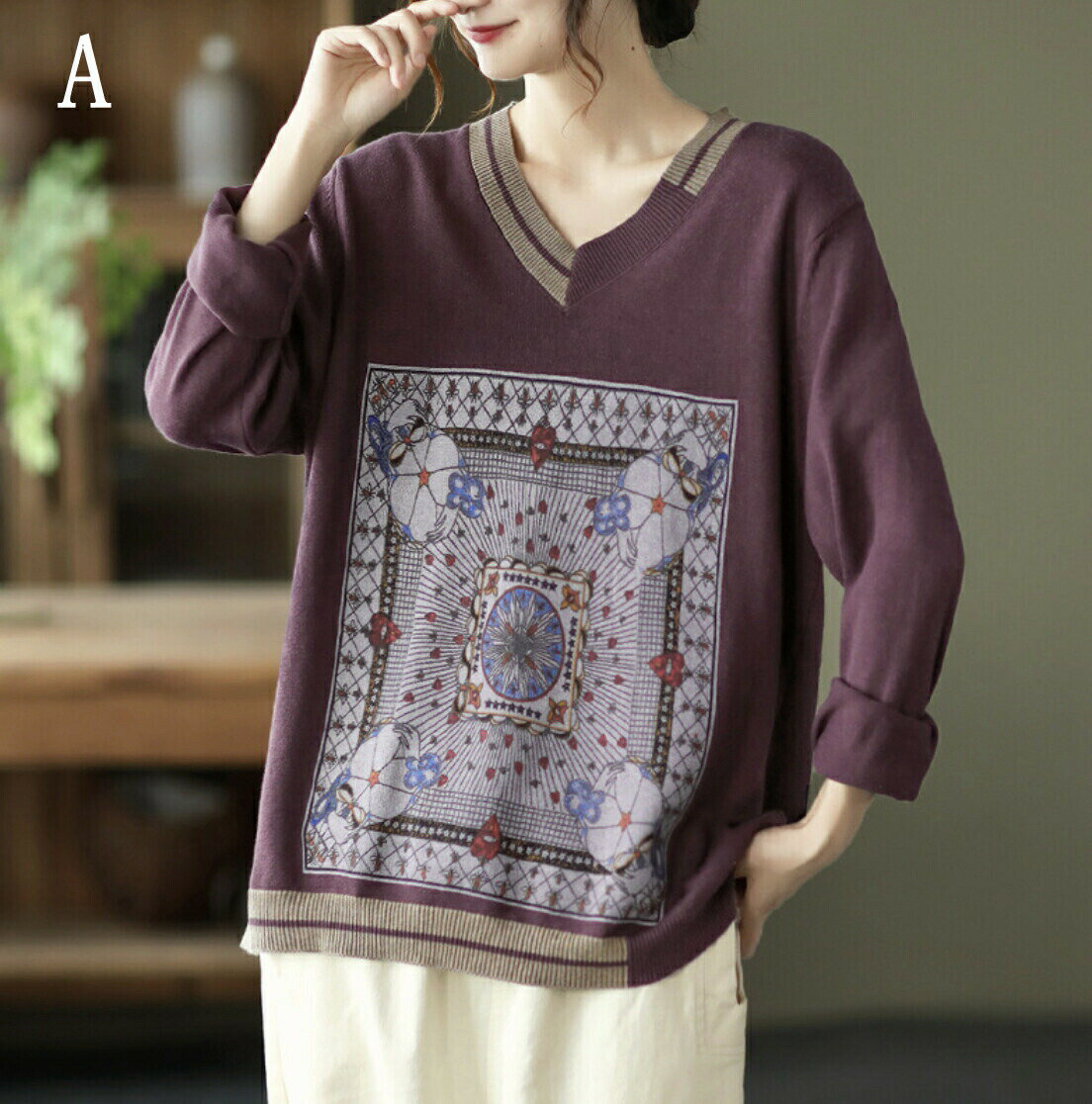 NEW 秋冬 新作 レディース レトロ プリント 長袖 ニット上着 bbq718