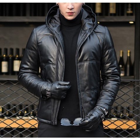 樂天商城 - メンズ2XL★シープスキン 羊の皮 フード付き本革ジャケット ショートコート ホワイトダックダウン ダウンジャケット