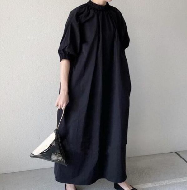 樂天商城 - 感動 夏秋 ワンピース レディース 立ち襟 半袖 マキシワンピース 体型カバー ゆったり フリーサイズ 30代40代50代 ネービーオシャ bzay001