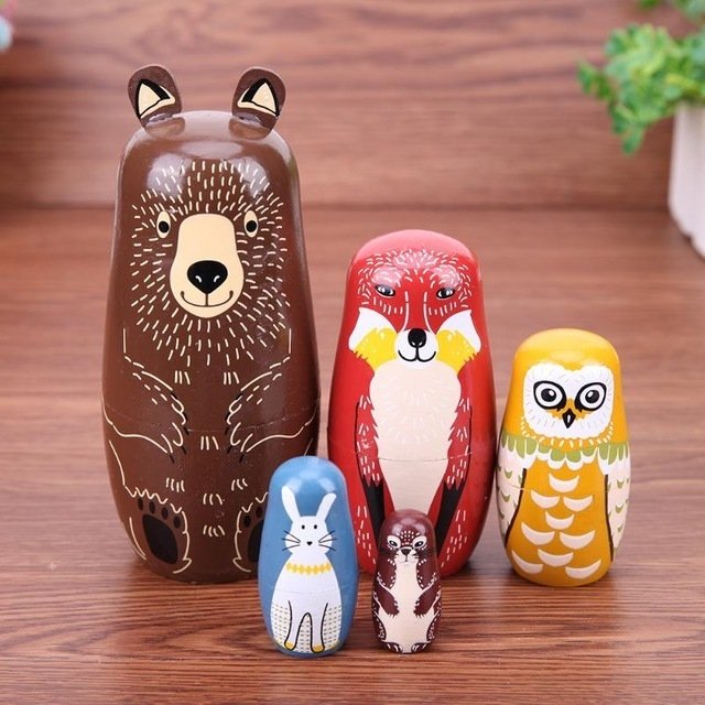 樂天商城 - マトリョーシカ人形 ロシア 動物モチーフ 5個 バスウッド素材 ハンドメイド 伝統工芸 エスニック 置物 オブジェ