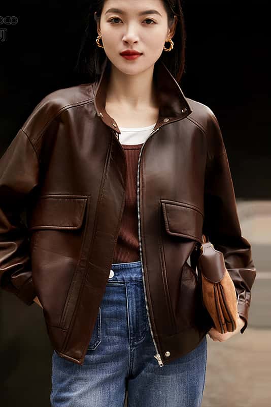 Leather - 【2024新作】レディース シンセティックレザージャケット ブラウンカラー 表地裏層100%羊革 防寒・大容量ポケット メタルボタン付き 秋冬アウター 【X&W】