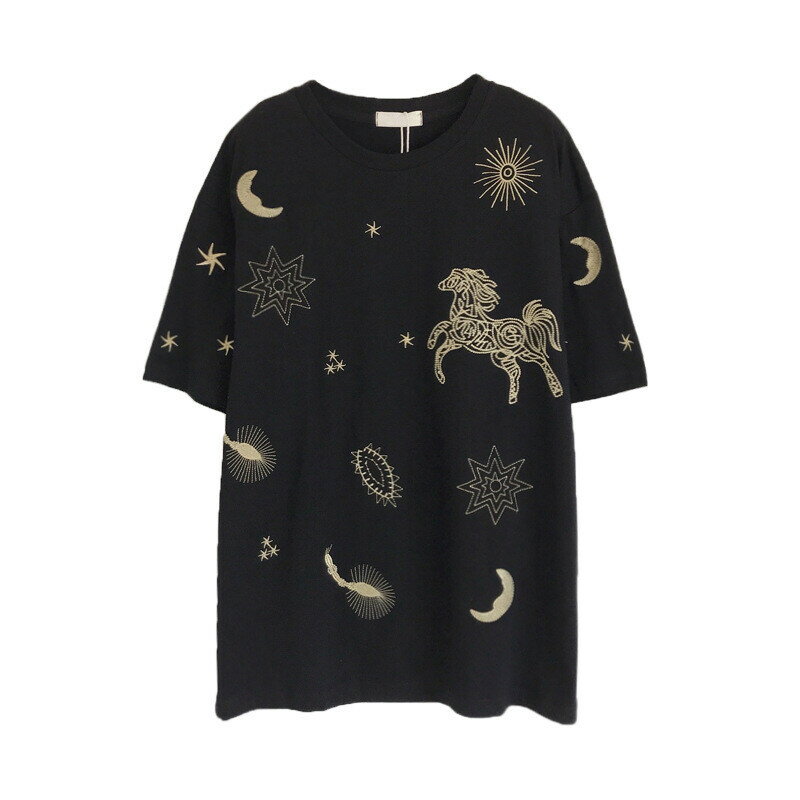 樂天商城 - 新作　Tシャツ　無地　刺繍入り　uネック　ゆったり　女性 半袖　トップス