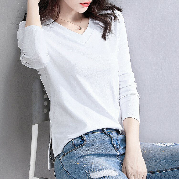 Rakuten - Tシャツ 長袖 無地 秋冬 レディース 定番 Vネック ストレッチ素材 ホワイト ブラック 白 黒 カットソー tシャツ トップス シンプル ベーシック コットン おしゃれ 上品 フェミニン 着痩せ 美ライン インナー 春 秋冬