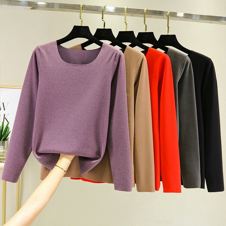 樂天商城 - レディース トップス 秋冬 Uネックカットソー 無地 インナー カットソー ニット プルオーバー Tシャツ 長袖 保温 発熱 ヒート HOT 暖かい 6色M/L/XL/2XL 上品 フェミニン 着痩せ ストレッチ素材 シンプルメール便送料無料