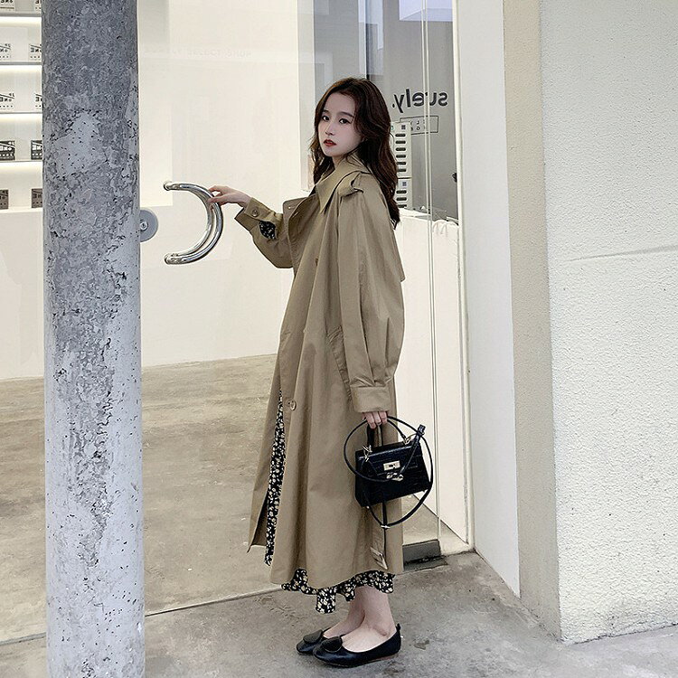 乐天商城 - トレンチコート レディース ロング丈ジャケット カーキ スプリングコート 春コート 薄手アウター 秋服 カジュアル韓国風 バーカー 送料無料
