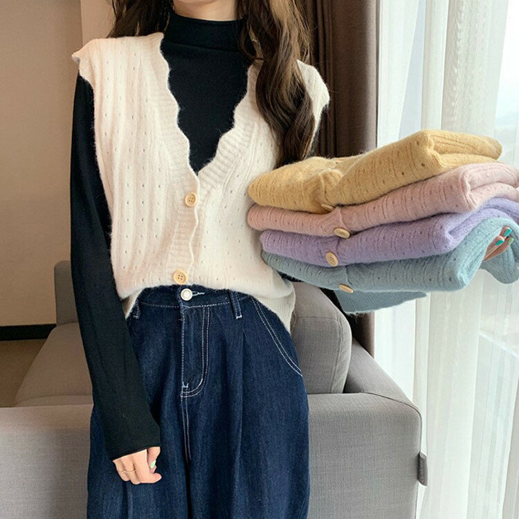 樂天商城 - スカラップVネック ニットベスト レディース 秋冬 韓国風 可愛い フリーサイズ 無地 ニットトップス ノースリーブ セーター 体型カバー レイヤード おしゃれ 通勤通学 カジュアル きれいめ ホワイト イエロー パープル ピンク グレー グリーン ブルー あんず色