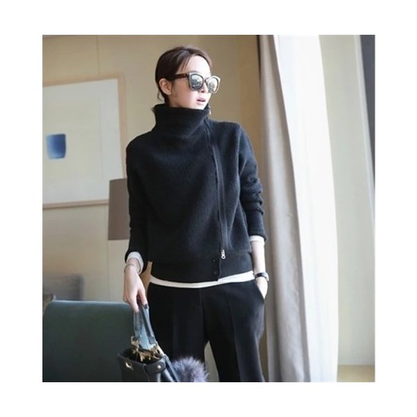 樂天商城 - ニット レディース タートルネック ニットカーディガン 前ファスナー ジップアップ ニットアウター ブラック 無地 シンプル 上質ニット きれいめ 大人カジュアル 羽織り 長袖 S M L XL 2XL