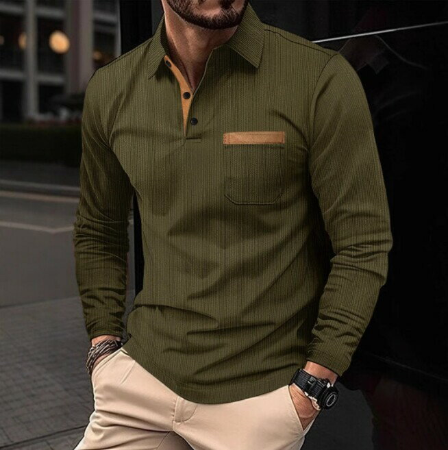 メンズ 長袖 ポロシャツ リブ編み トップス カジュアル シャツ 襟付き 無地 配色デザイン 胸ポケット付き スリム 細身 ストレッチ おしゃれ 春 秋 冬 インナー 重ね着 ビジネス カジュアル ゴルフ 通勤 大きいサイズ