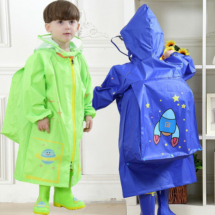子供用レインコート 防水 かわいい宇宙モチーフデザイン 透明フード付き 軽量 キッズ レインウェア 幼児 通学 通園 雨具 男女兼用 カッパ ブルー グリーン イエロー ピンク