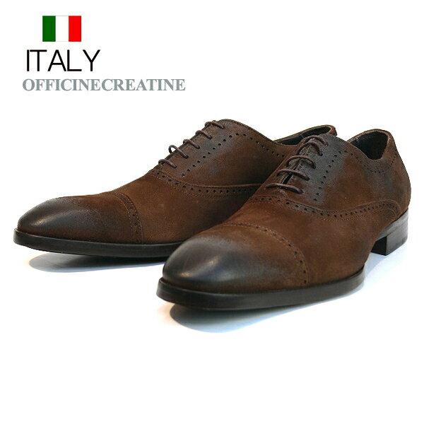 全国送料無料 ビジネスシューズ メンズ 本革 ストレートチップ スエード レザーシューズ 皮靴 紐靴 イタリア製 OFFICINE CREATIVE インポート （ダークブラウン） オフィチネクリエイティブ