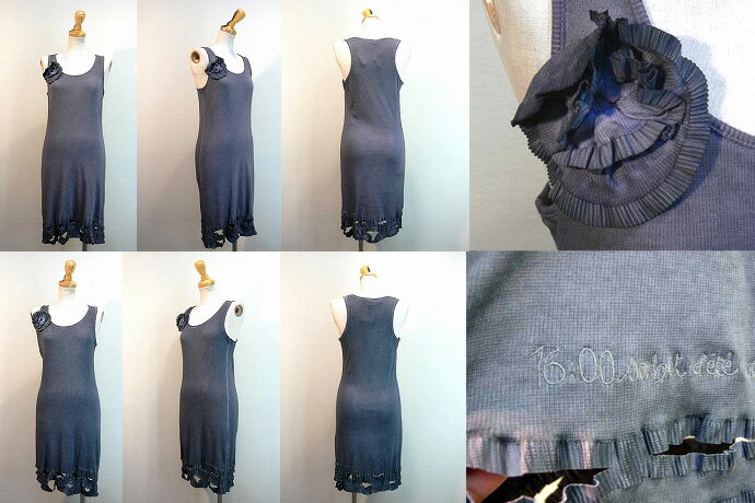 全国送料無料 COP.COPINE フランス製 インポート お花コサージュダメージタイトワンピース リゾートワンピ （2色/ブルー グレー） コップ・コピーヌ