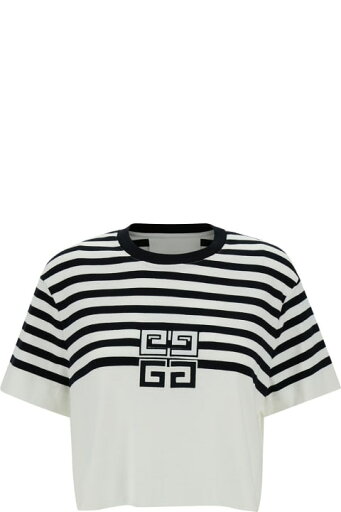 Givenchy Tシャツ コットンウーマンの4gディテール付き黒と白のクロップストライプTシャツ Givenchy Tシャツ コットンウーマンの4gディテール付き黒と白のクロップストライプTシャツ