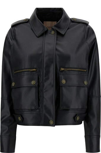 TwinSet レザージャケット フェイクレザーのパッチポケット付きブラッククロップジャケット ウィメンズ TwinSet レザージャケット フェイクレザーのパッチポケット付きブラッククロップジャケット ウィメンズ