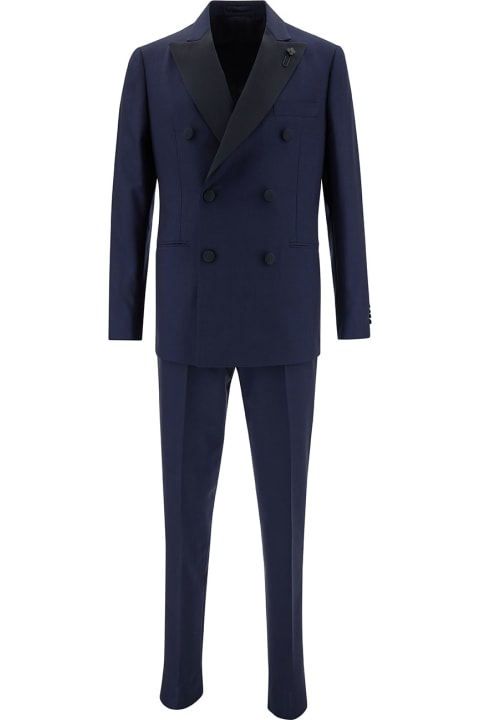 Lardini スーツ ストレッチウールマンのコントラストリバース付きブルーダブルブレストスーツ
