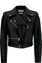 Alexander McQueen レザージャケット スムースレザーのマッチングベルト付きブラッククロップドバイカージャッカー女性