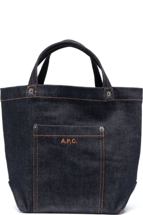 A.P.C. トートバッグ パッチ ポケット Abd パッチ ロゴ付きブルー ハンド バッグ コットン デニム ウーマン