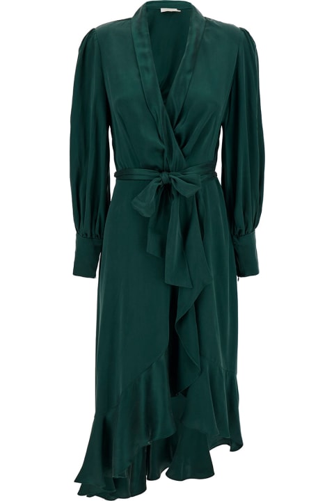 Zimmermann ワンピース＆ドレス シルクウィメンズのベルト付きミディ非対称グリーンドレス
