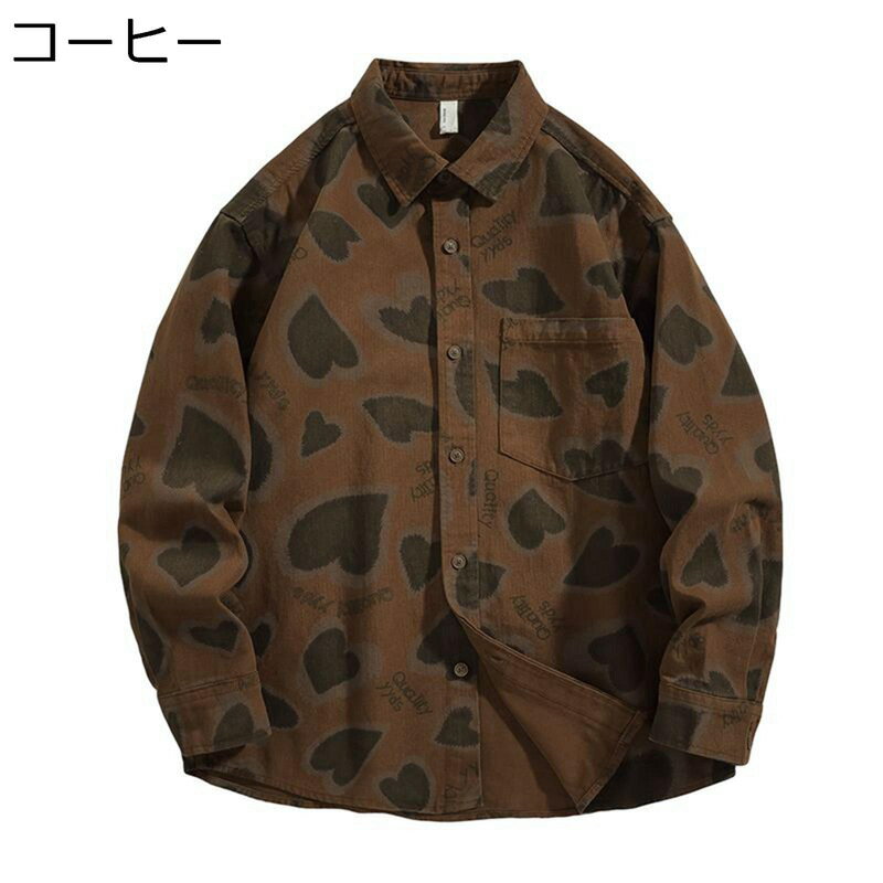 長袖シャツ オックスフォードシャツ メンズ 秋服 ハート柄シャツ ボタンダウン ビックシルエット レトロ 軽量 レギュラーフィット 吸汗透湿 モード系 シンプル 男女兼用 開襟 アウトドア スポーツのサムネイル