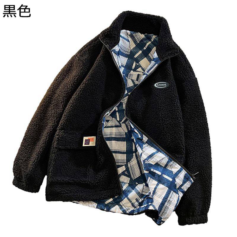 メンズ ボアブルゾン フリースジャケット 裏にチェック柄 コート 秋冬服 厚手 ウインドブレーカー ジャンパー 裏起毛 モコモコ 体型カバー 着痩せ カジュアルアウター 防寒着