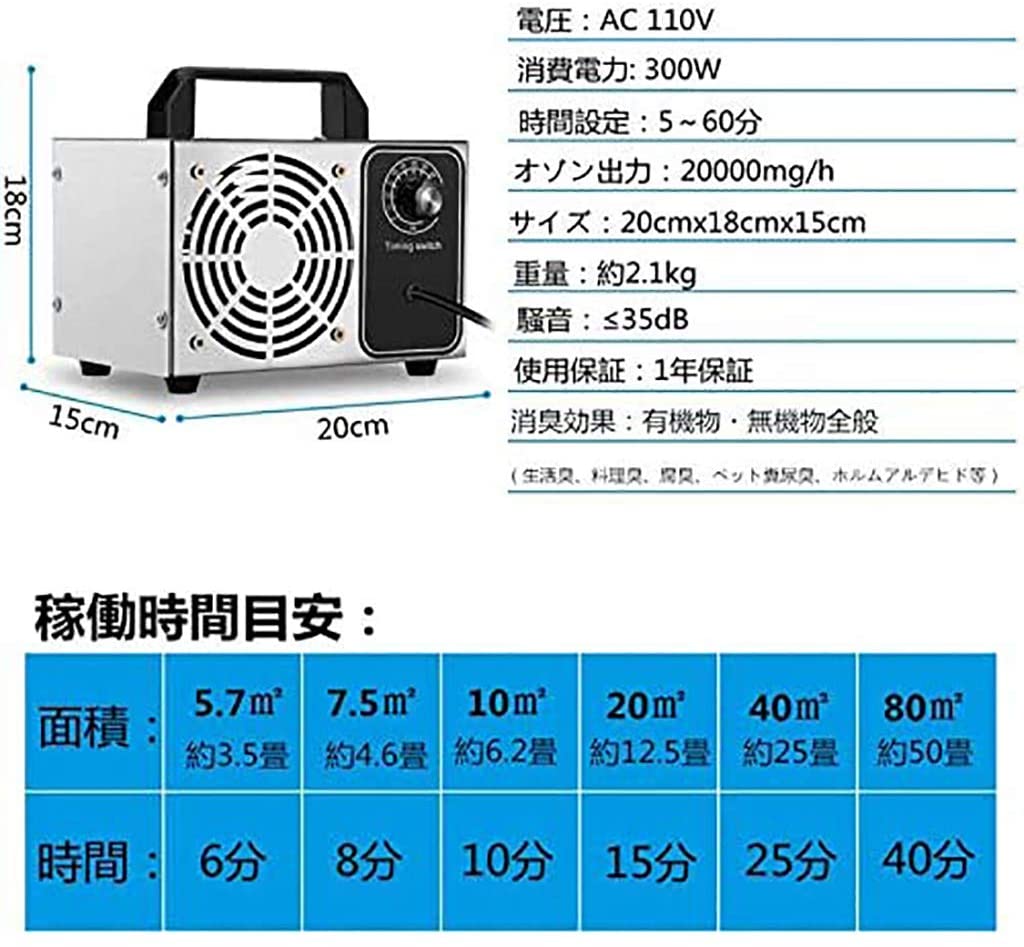 オゾン発生器 20000mg/h オゾン脱臭器 60分タイマー 空気清浄機 消臭 除菌 業務用 家庭用 5-40畳対応 日本語取説付き