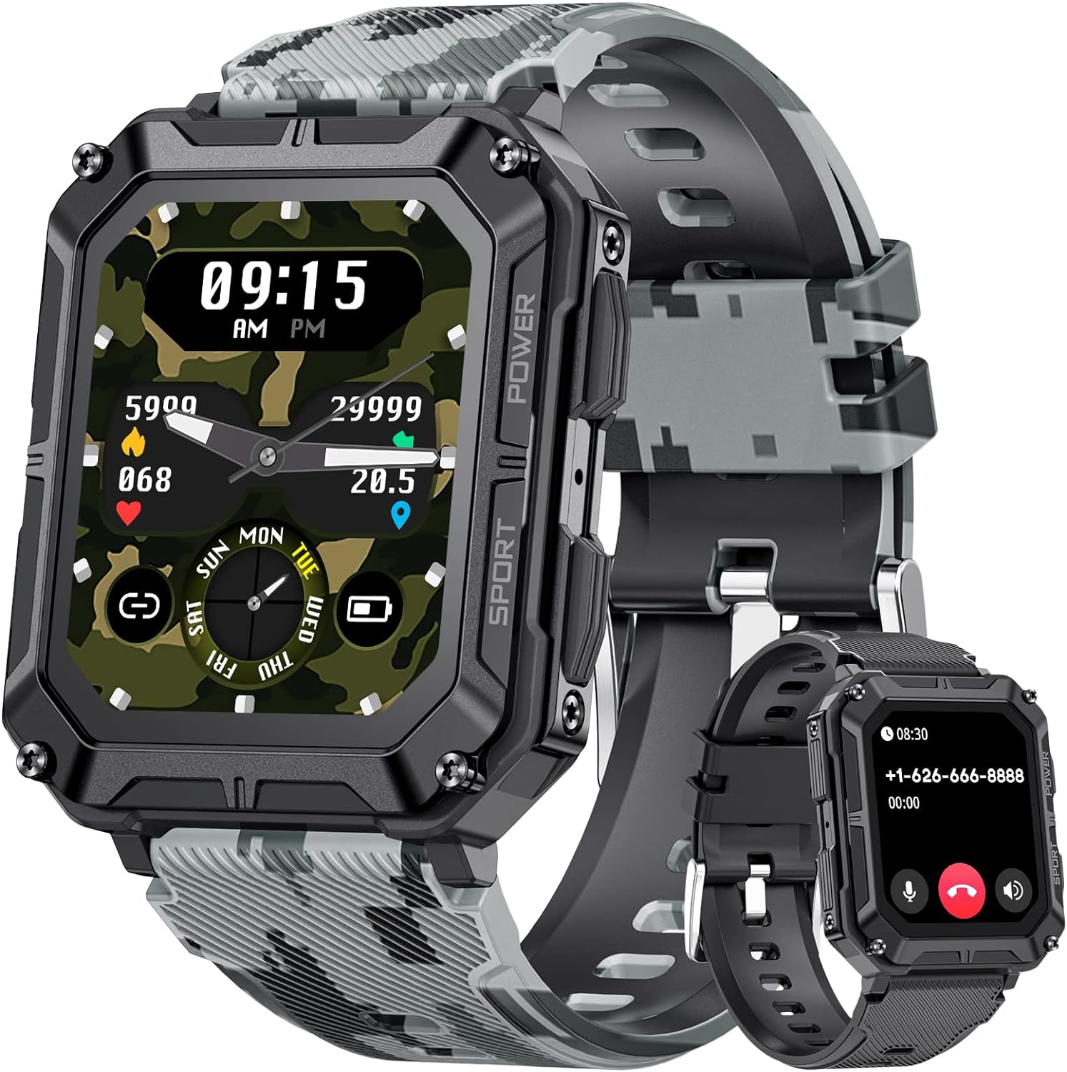 軍用規格 耐衝撃 スポーツウォッチ 通話機能付き Android/ios IP67防水 1.83インチ大画面 Smart watch 着信＆メッセージ通知/音声アシスタント/活動量計/腕時計/歩数計/天気予報/音楽 カメラ制御/目覚まし時計/