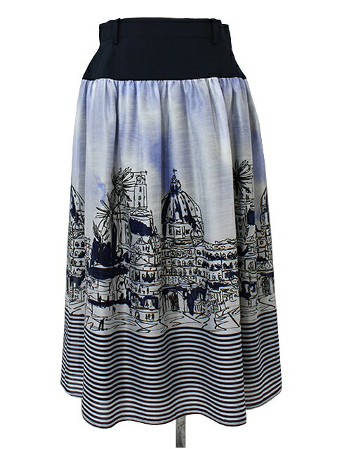 【40%OFF】【M'S GRACY　エムズグレイシー】ボーダー入り風景柄スカート...